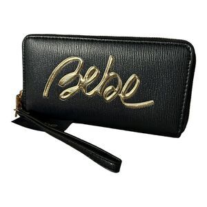 NEW Bebe Gianna Black Gold Wristlet Clutch Full Zip